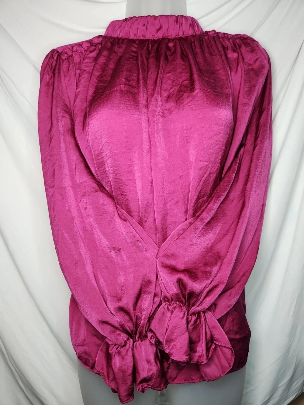 glam Fuchsia Pink Satin-Look Long Sleeve Blouse